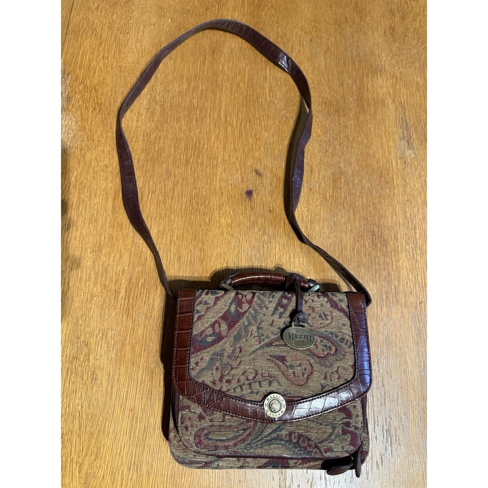 Vintage MaggiB Tapestry Crossbody Organizer Bag‎ Brown Faux Leather Boho Paisley